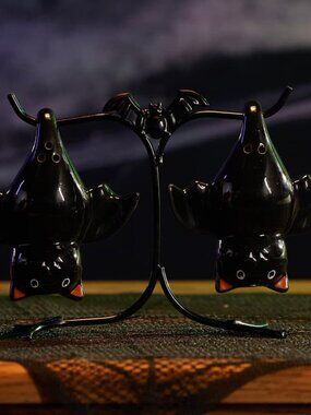 (NEW IN BOX) Cracker Barrel Hanging Bats With Stand Salt and Pepper Set